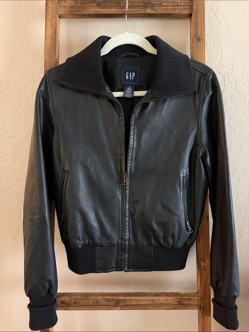 GAP Black Leather Bomber with Ribbed Collar